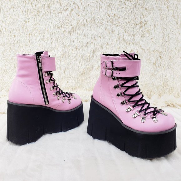 Goth 4 1/2" Platform Faux Lace-Up Ankle Boot in Pink - Picture 3 of 12